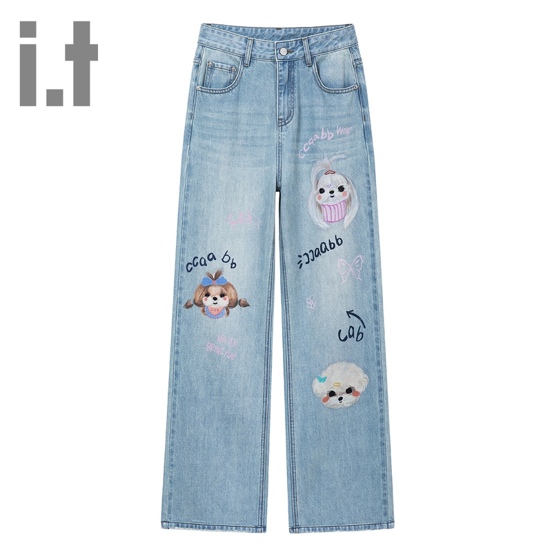 It:Chocoolate Cartoon Print High-Waisted Slimming Washed Long Pants 2026 Spring and Autumn Straight-Leg Jeans for Women K