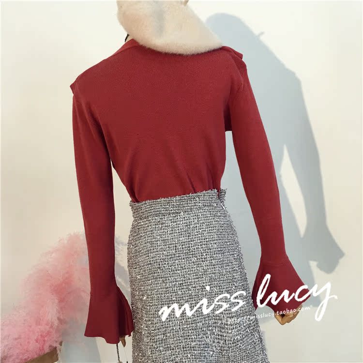 Mùa thu 2018 phiên bản Hàn Quốc mới của kèn tự trồng dài tay màu đỏ mỏng xù lông xù đan áo phụ nữ áo len thổ cẩm