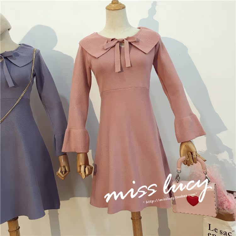 Mùa thu 2018 mới mang khí chất retro thắt nơ cô gái Pháp váy xù dài tay đan váy chiết eo cao	