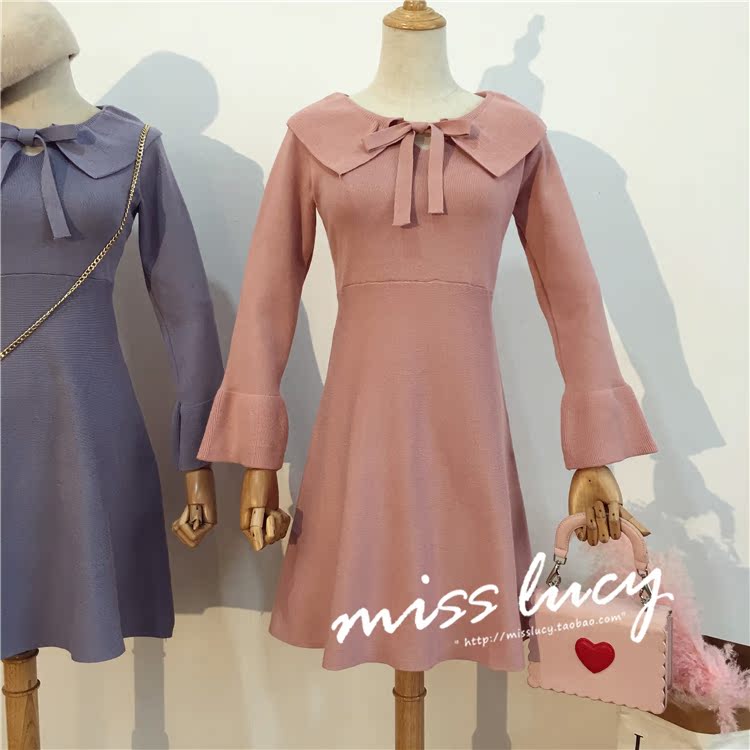 Mùa thu 2018 mới mang khí chất retro thắt nơ cô gái Pháp váy xù dài tay đan váy chiết eo cao	