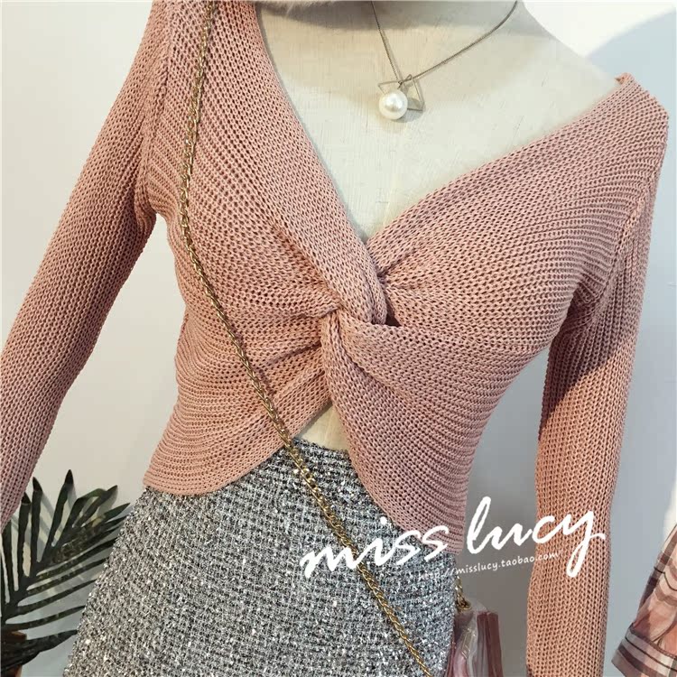 SS2018 mùa thu mới phiên bản Hàn Quốc của chiếc áo len cổ chữ V dày tự trồng dài tay áo len ngắn nữ len áo phông nữ đẹp