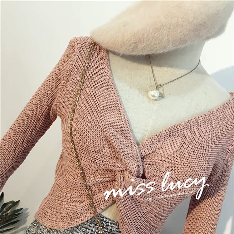 SS2018 mùa thu mới phiên bản Hàn Quốc của chiếc áo len cổ chữ V dày tự trồng dài tay áo len ngắn nữ len áo phông nữ đẹp