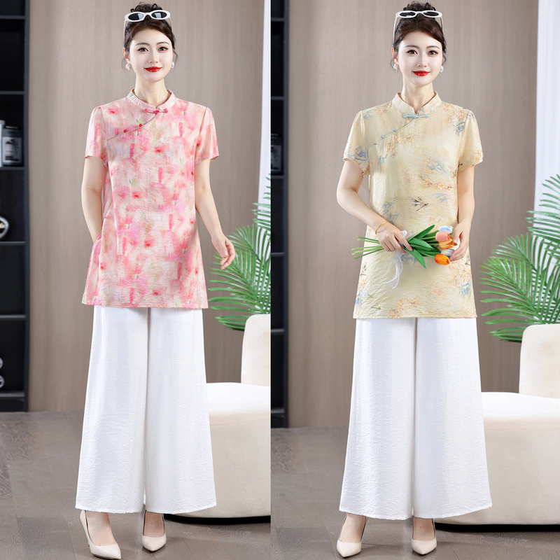 New Chinese-Style National Style Suit for Women, Summer 2026 New Model, High-End and Stylish, with Buttoned Print, Two-Piece Set