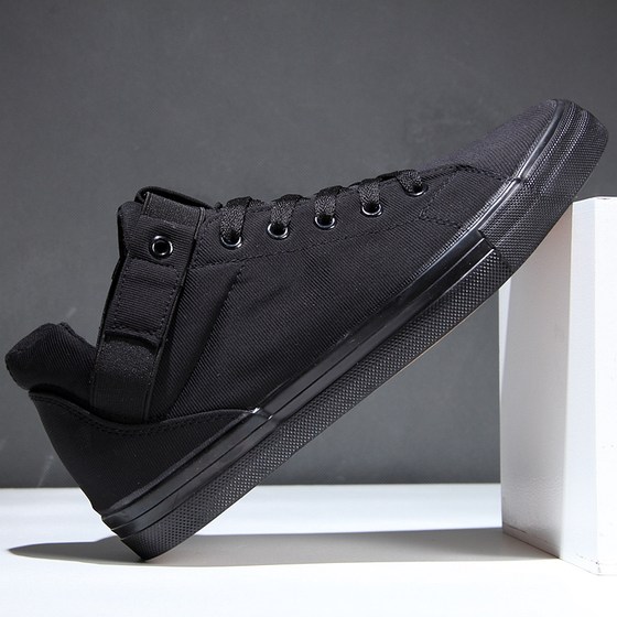 All black high-top canvas shoes for men in spring, pure black work shoes for work, breathable men's Chinese casual sneakers