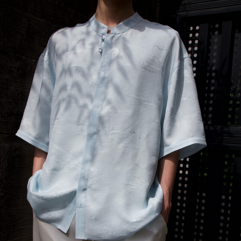 【Shangjiu Kui】Sailing under the Moonlight 2691 Men's Summer 100% Mulberry Silk Brocade Floral Embroidery Stand Collar Shirt