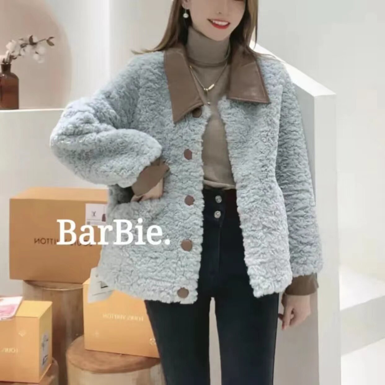 High-end design sense, elegant and fashionable, small fragrance style, leather collar, stitched fur coat, women's 2021 winter new cardigan - Taobao