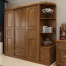 Chinese solid wood wardrobe Modern simple sliding door wardrobe 4 doors large wardrobe hanging clothes Bedroom locker Oak