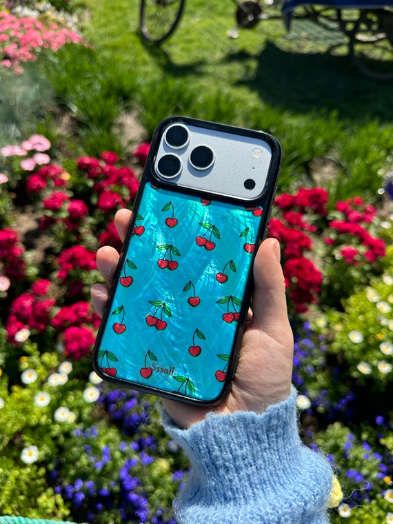 Juicy Cherries Turquoise Shimmer iPhone Case