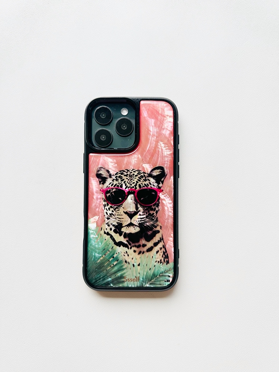 Leopard Pink Sunglasses Green Palm Leaves Cartoon iPhone Case