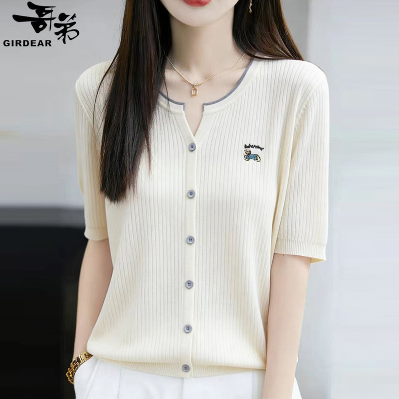 New Clearance Sale: Brother's Mulberry Silk Short-Sleeve Cardigan, Discounted Amashe Summer Embroidered Top, Ice Silk Knit T-Shirt