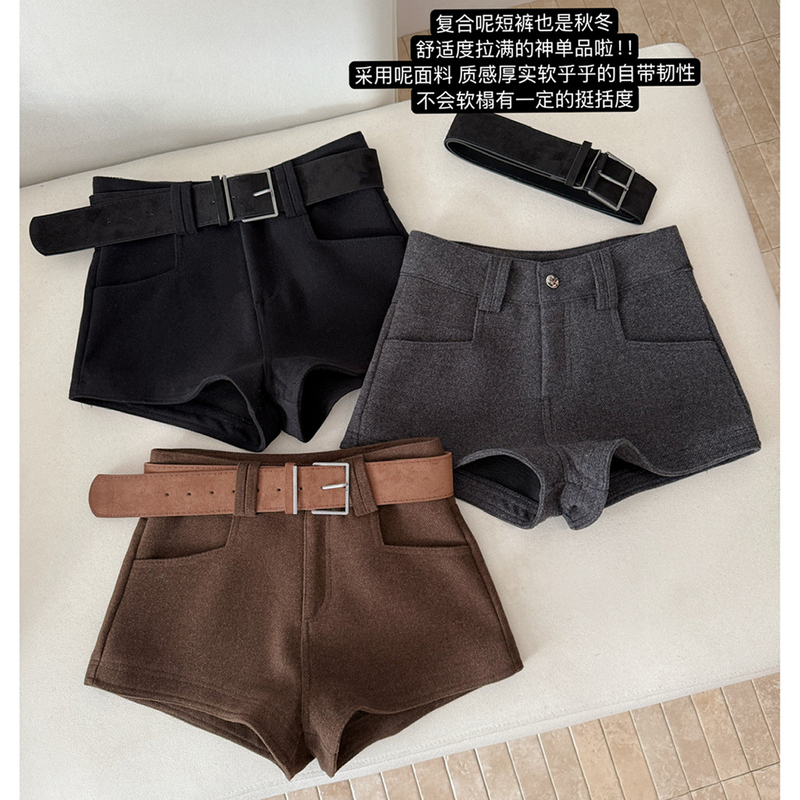 Woolen Shorts for Women, Retro Style, New Autumn and Winter Mid-High Waist, Sexy Outerwear, Hip-Hugging, Slim-Fitting, A-Line Suit Boot Shorts