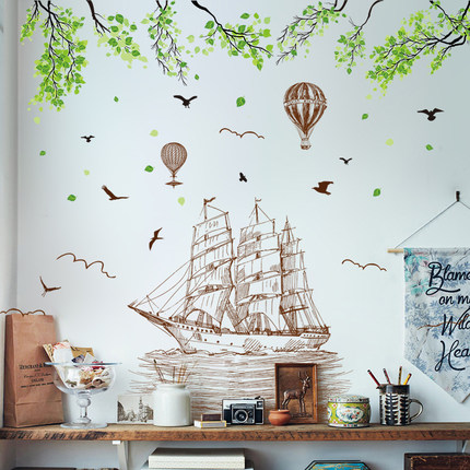 地中海ins风帆船墙贴客厅电视背景墙贴纸卧室