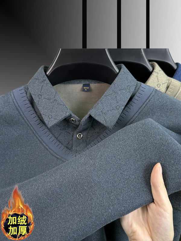 Winter Men's Sweater with Fleece Lining, Thickened, Faux Two-Piece Shirt Collar, Warm Knit Pullover for Middle-Aged Dads