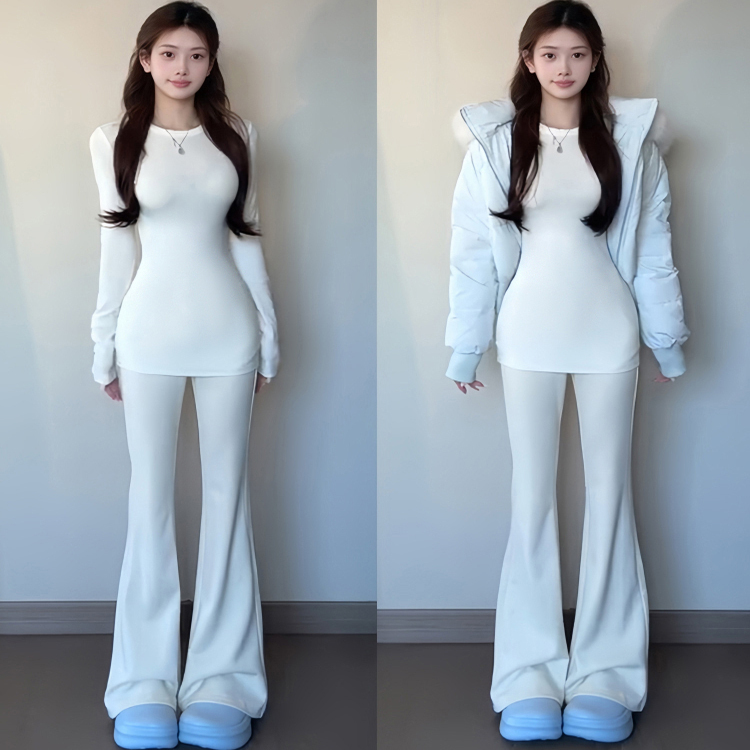 White Mid-Length Base Layer Top for Women, Winter Cotton-Padded Inner Wear, Slim-Fit Waist-Cinching Long-Sleeve T-Shirt That Covers the Hips