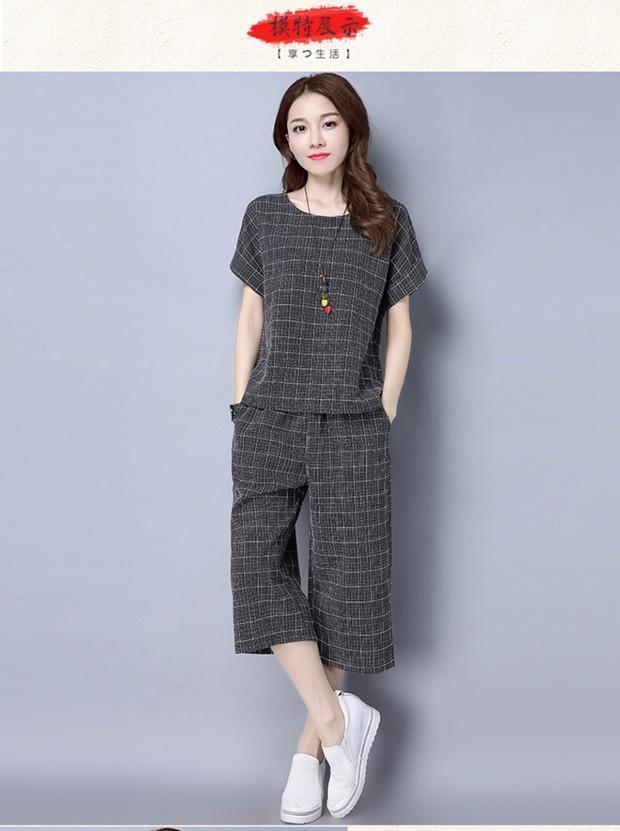 Kích thước lớn tay ngắn nữ béo mm hè 2018 mới giảm béo bf quần ống rộng phù hợp với mùa hè thời trang cotton hai mảnh quần tất