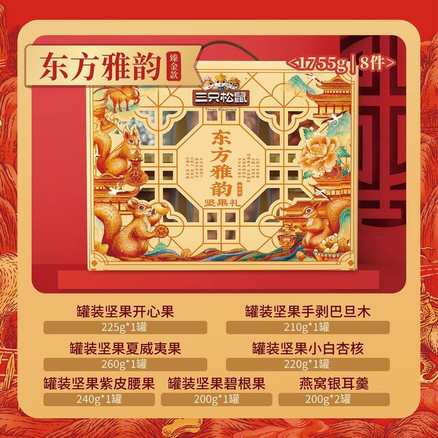 Three Squirrels Nut Gift Box Premium Edition 8 Pieces/1755G, a Healthy Snack Gift Pack for Elders and Holiday Gifts