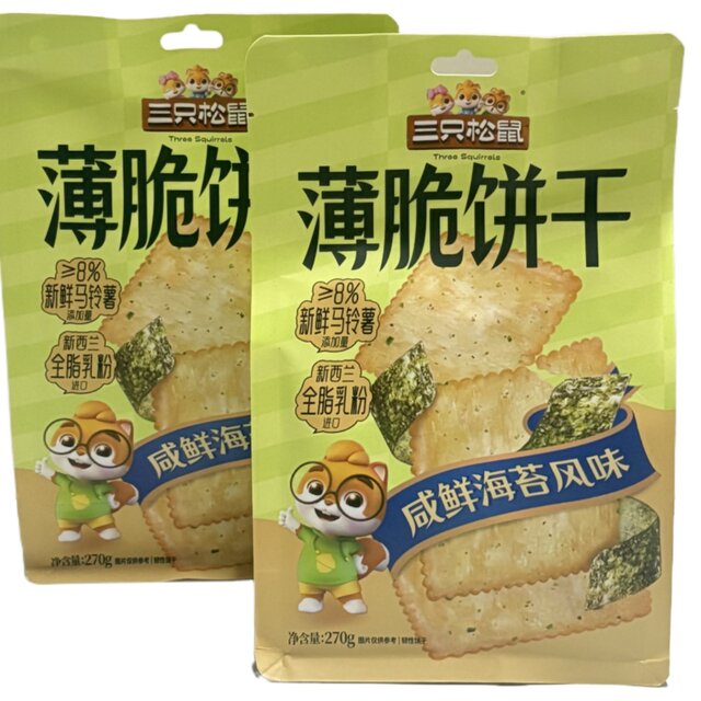 Three Squirrels Crackers Salty Fresh Seaweed Flavor 270Gx1 Bag Biscuits Crispy Meal Replacement Snacks