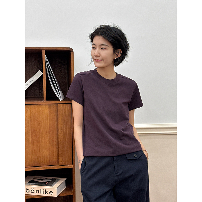Zhou Langqing Purple Short-Sleeve Regular Shoulder Women's T-Shirt 2026 New Versatile Base Shirt Slimming Half-Sleeve Round Neck Top