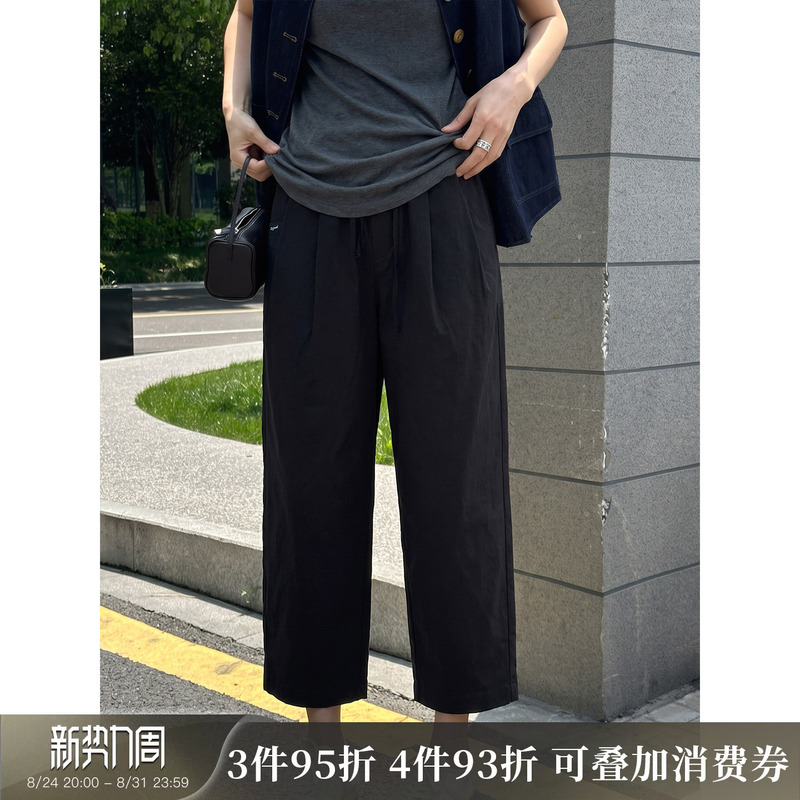 Langqing [Comfort Pants] Navy Blue Straight-Leg Casual Pants for Women 2026 New Summer Elastic Waist Loose Cropped Pants