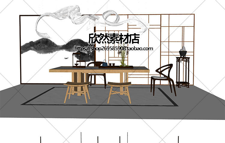 F2-9现代新中式禅意中国风古典实木泡茶桌椅家具茶室摆件su草图大师sketchup模型