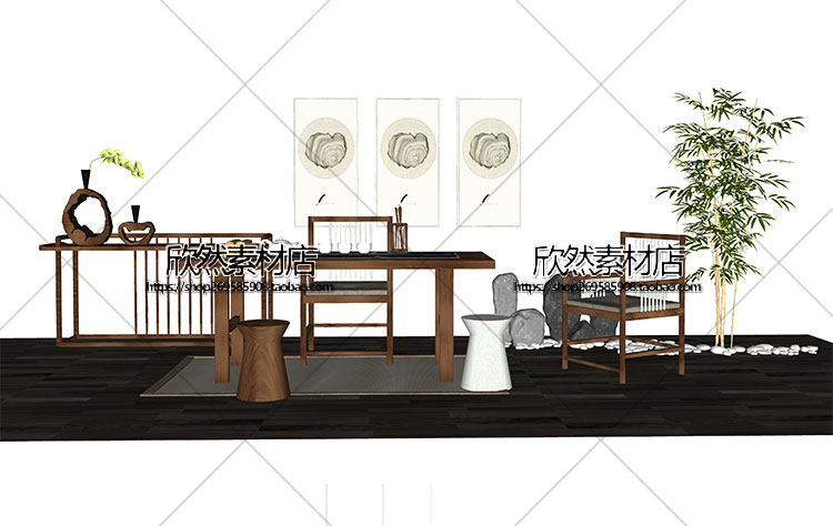 F2-9现代新中式禅意中国风古典实木泡茶桌椅家具茶室摆件su草图大师sketchup模型