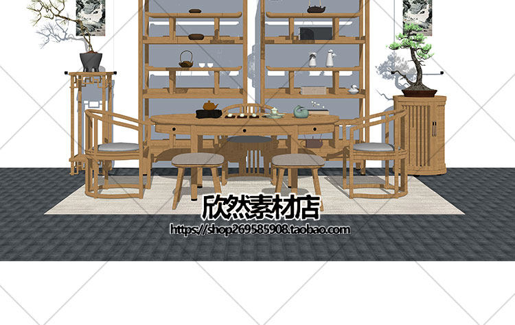 F2-9现代新中式禅意中国风古典实木泡茶桌椅家具茶室摆件su草图大师sketchup模型