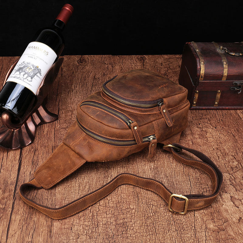 Original New Mad Muppie Men's Chest Bag Retro Genuine Leather Single Shoulder Sloped Satchel Calf Leather Casual Men's Bag Chest Front Bag Tide