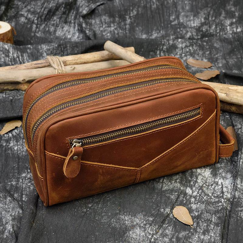 Original double zipper crazy horse skin wash bag men's leather clutch bag retro first layer cowhide large-capacity handbag