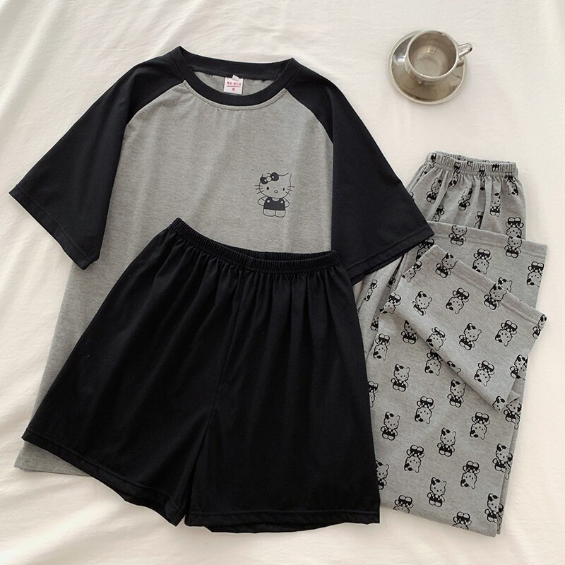 Raglan Gray Cute Cat Pajamas for Women Spring and Summer Short-Sleeved Shorts Three-Piece Set Pure Cotton Sweet Cartoon Home Clothes