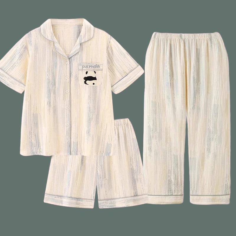 2026 New Couple Pajamas for Women, Spring and Autumn Pure Cotton Short-Sleeve Three-Piece Set, Japanese Style Panda Men's Loungewear for Summer