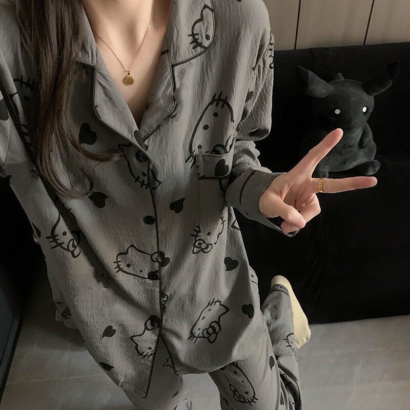 High-End Gray All-Over Printed Kitten Pajamas for Women, Spring and Autumn Pure Cotton Gauze Long-Sleeved Cute Cartoon Home Wear Set
