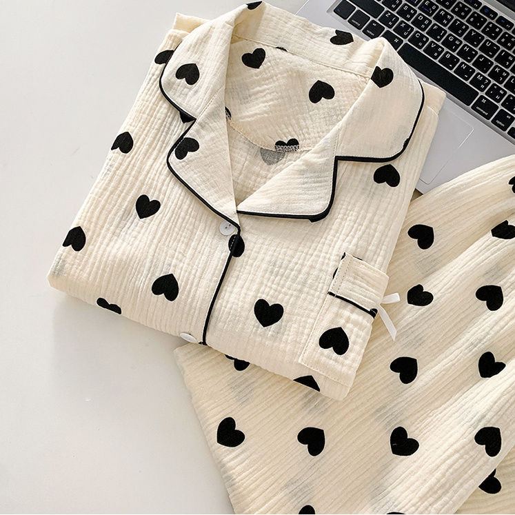 Milky Simple Heart-Shaped Pure Cotton Gauze Pajamas for Women, Spring and Autumn Long-Sleeved Loungewear Set, Sweet Ladies' Cloud Cotton