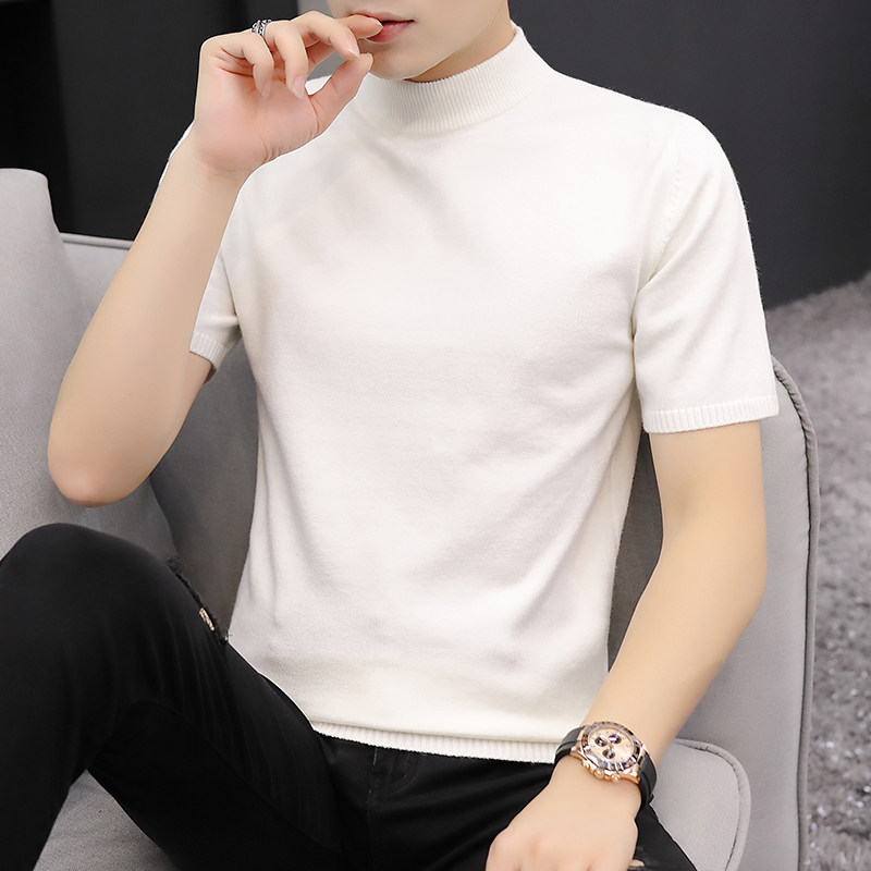 Semi-turtleneck sweater Men's short-sleeved sweater 2020 autumn and winter Korean version solid color inner jacket Middle collar inner half sleeve