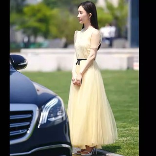 Baby doll collar lantern sleeve slimming gauze dress long skirt