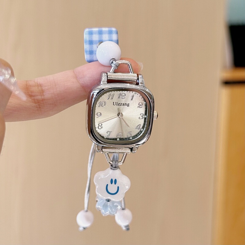 Korean-Style Healing Smiley Cloud Beaded Bracelet Watch with Silver Mini Square Dial for Energetic Girls and Children