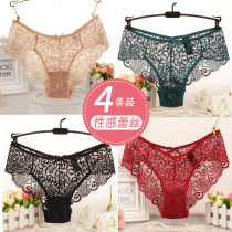 Lace underwear women Middle waist mesh sexy transparent temptation hollow cotton crotch seamless summer size fat mm