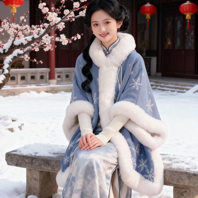 Shawl Outerwear for Women, Cape Coat, Autumn and Winter Coat, Fleece-Lined, Thickened, Knitted Hooded Christmas Cheongsam Shawl Outerwear