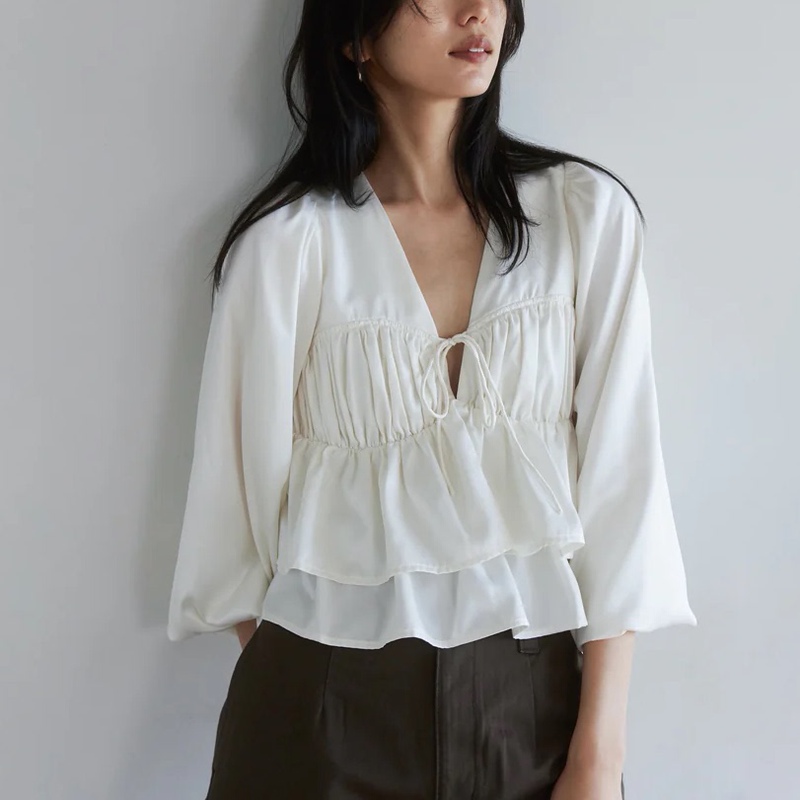 Japanese Brand Searo*M Original 2025 Summer New Thin Satin Comfortable V-Neck Pleated Ruffle Tie Shirt Top