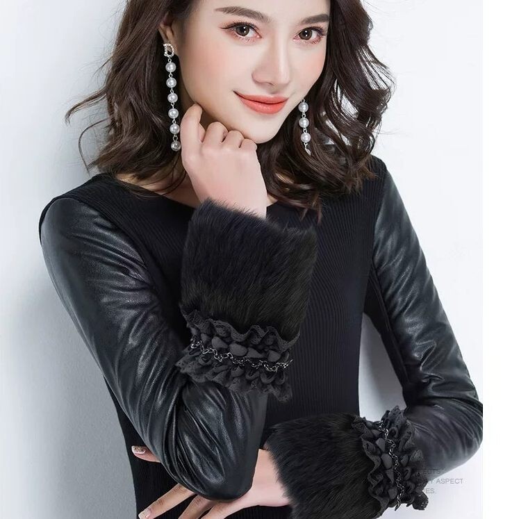 Pu Patchwork Leather Sleeve Base Shirt for Women, Winter Thickened and Cotton-Padded Warm Knit Sweater, 2026 New Style Inner Wear Pu Patchwork Leather Sleeve Base Shirt for Women, Winter Thickened and Cotton-Padded Warm Knit Sweater, 2026 New Style Inner Wear