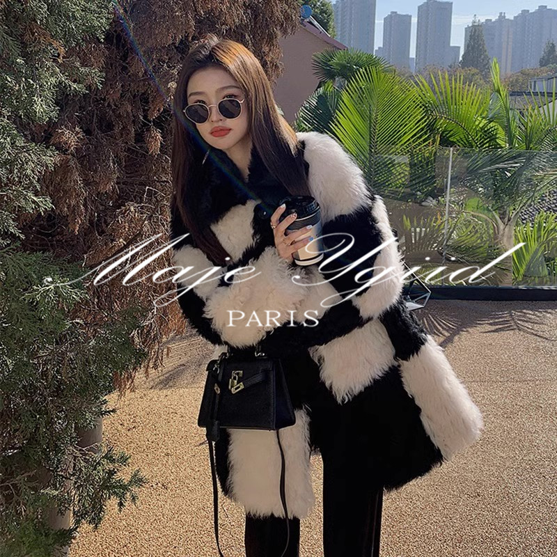 MAJE YGIID French style Tuscany fur integrated lamb wool jacket female plus cotton chessboard Gupgrass coat-Taobao