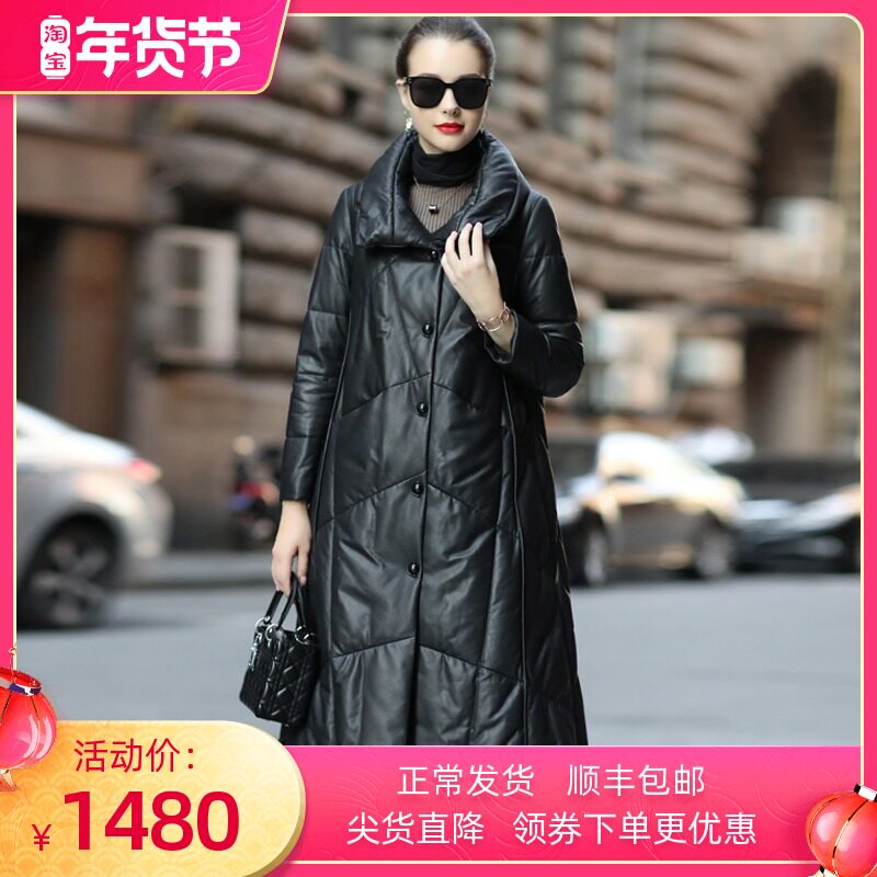2021 Winter new Hainen genuine leather down jacket woman with medium long version over knee and large size sheep leather coat jacket thick