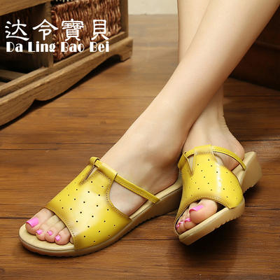 Darling Baby's new summer collection: genuine leather cowhin-soled women's flip-flops, wedge heels, straight flat slippers, beach women's slippers