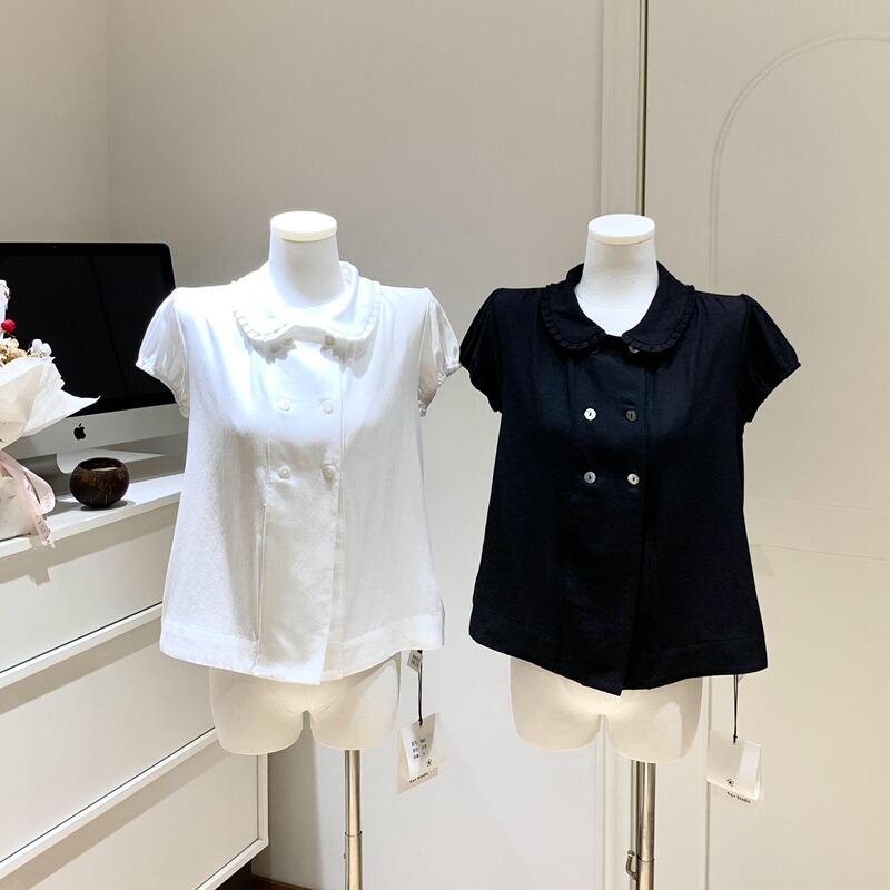 Fot2026 Spring/Summer 100% Cotton Shell Button Double-Breasted Pleated Collar Detail Babydoll Top Loose Fit Two-Tone