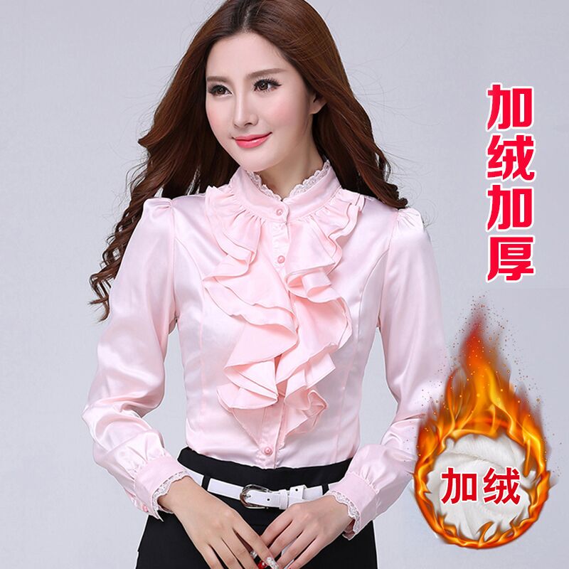 High-End Glossy Anti-Silk New Fashion Lace Ruffle Women's Slim-Fit Long-Sleeve Shirt White Blouse