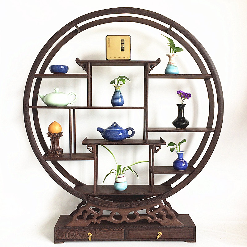 Red Wood Handicraft Chicken Wings Wood Small Round Bou Ancient Frame Teapot Purple Sand Pot Real Wood Carved Base Antique Multi-Treasure Shelf Hem