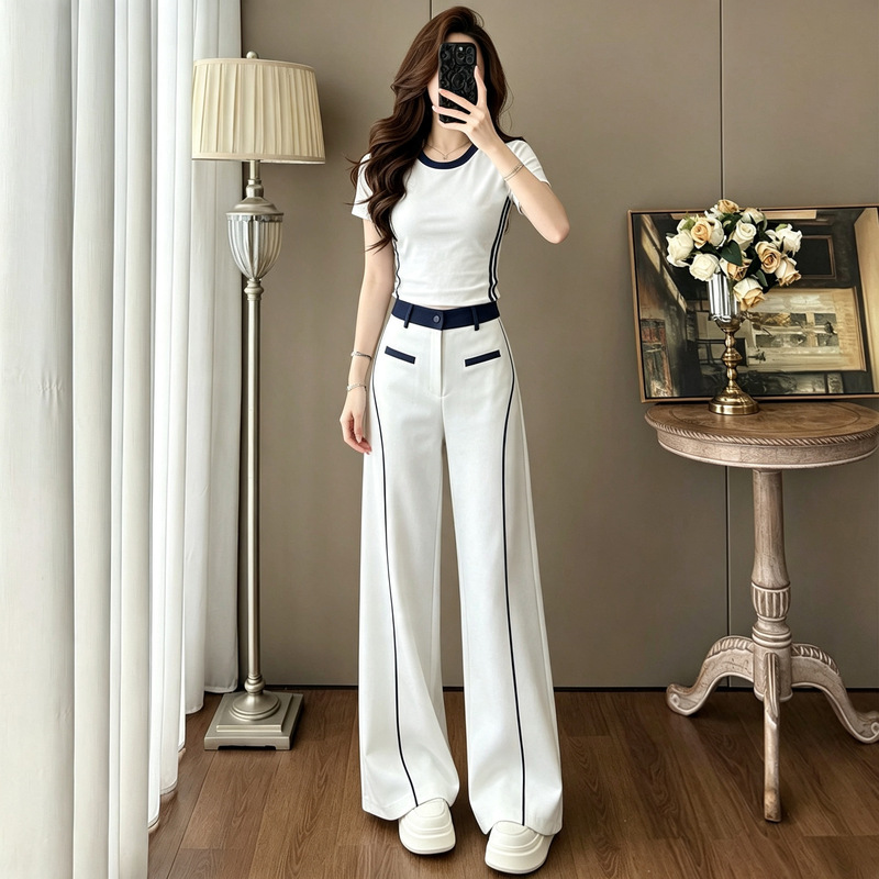 High-End Color-Block Casual Suit for Women 2026 Summer New White and Blue Striped Short-Sleeve Wide-Leg Pants Korean Style Two-Piece Set High-End Color-Block Casual Suit for Women 2026 Summer New White and Blue Striped Short-Sleeve Wide-Leg Pants Korean Style Two-Piece Set