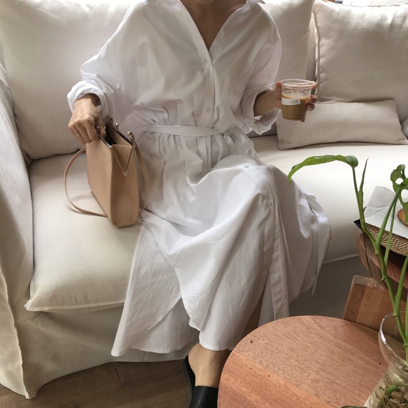 Hàn Quốc lười gió gió dài áo sơ mi phụ nữ thanh lịch ren eo lỏng áo sơ mi giản dị chiếc váy cardigan váy sườn xám dài