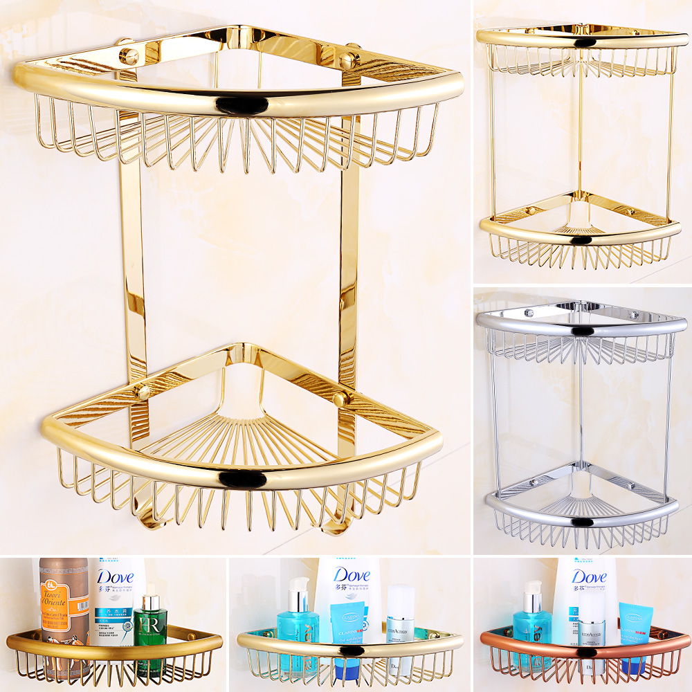 Gold Plated Color Makeup Room Wall-mounted Tripod Corner Rack Bathroom Shelve Bilayer Triangular Basket Rose Gold