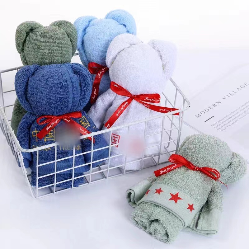 Qixi Festival Gift Pure Cotton Standard Towel Army Green Military-Themed Gift Box Bear White Face Towel for Dormitory Use