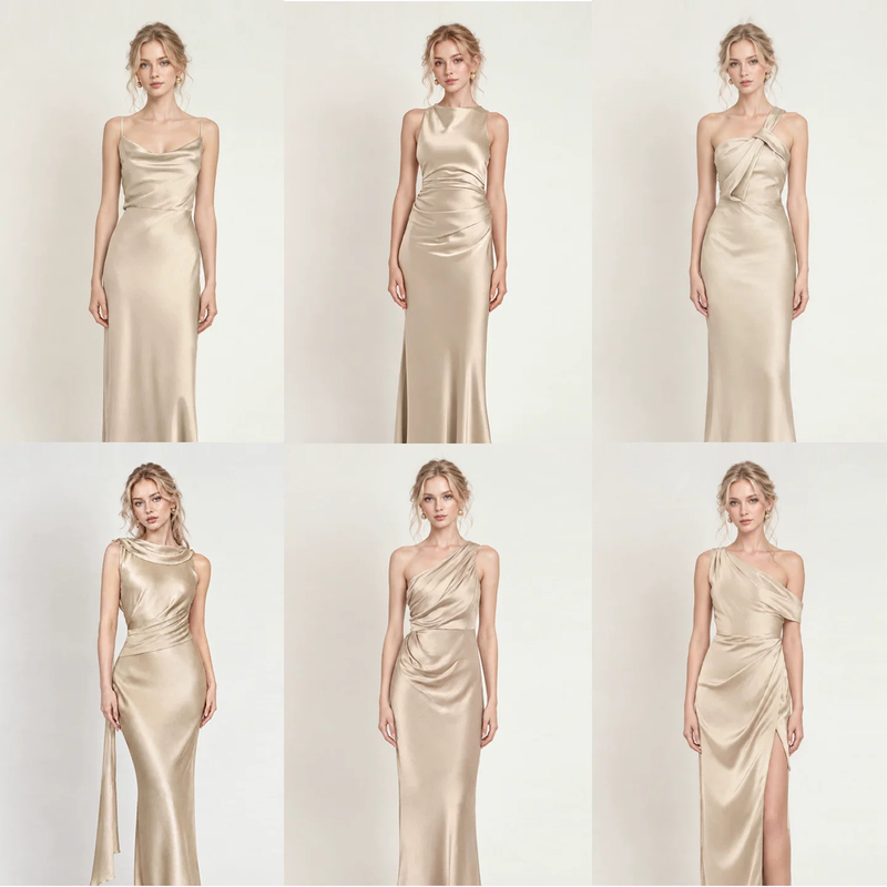 Champagne-Colored Satin Bridesmaid Dresses with a High-End Feel, Unique and Stunning, Slimming and Elegant, Suitable for Sisters and Bridesmaid Groups, Can Be Worn Daily Champagne-Colored Satin Bridesmaid Dresses with a High-End Feel, Unique and Stunning, Slimming and Elegant, Suitable for Sisters and Bridesmaid Groups, Can Be Worn Daily